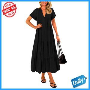 Short Sleeve V-Neck Maxi Dress with Pleated Tiered Swing Fit